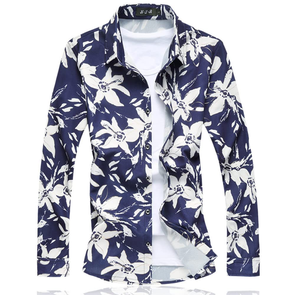 HGJH Hawaii Hemd Männer, Herren Langarmhemd Große Pfingstrose Blume Blumen Blätter Bedrucktes Hawaiihemd Weiß Langarm Knopf Lässig Kubanischer Kragen Stranddruck Herren Langarmhemd