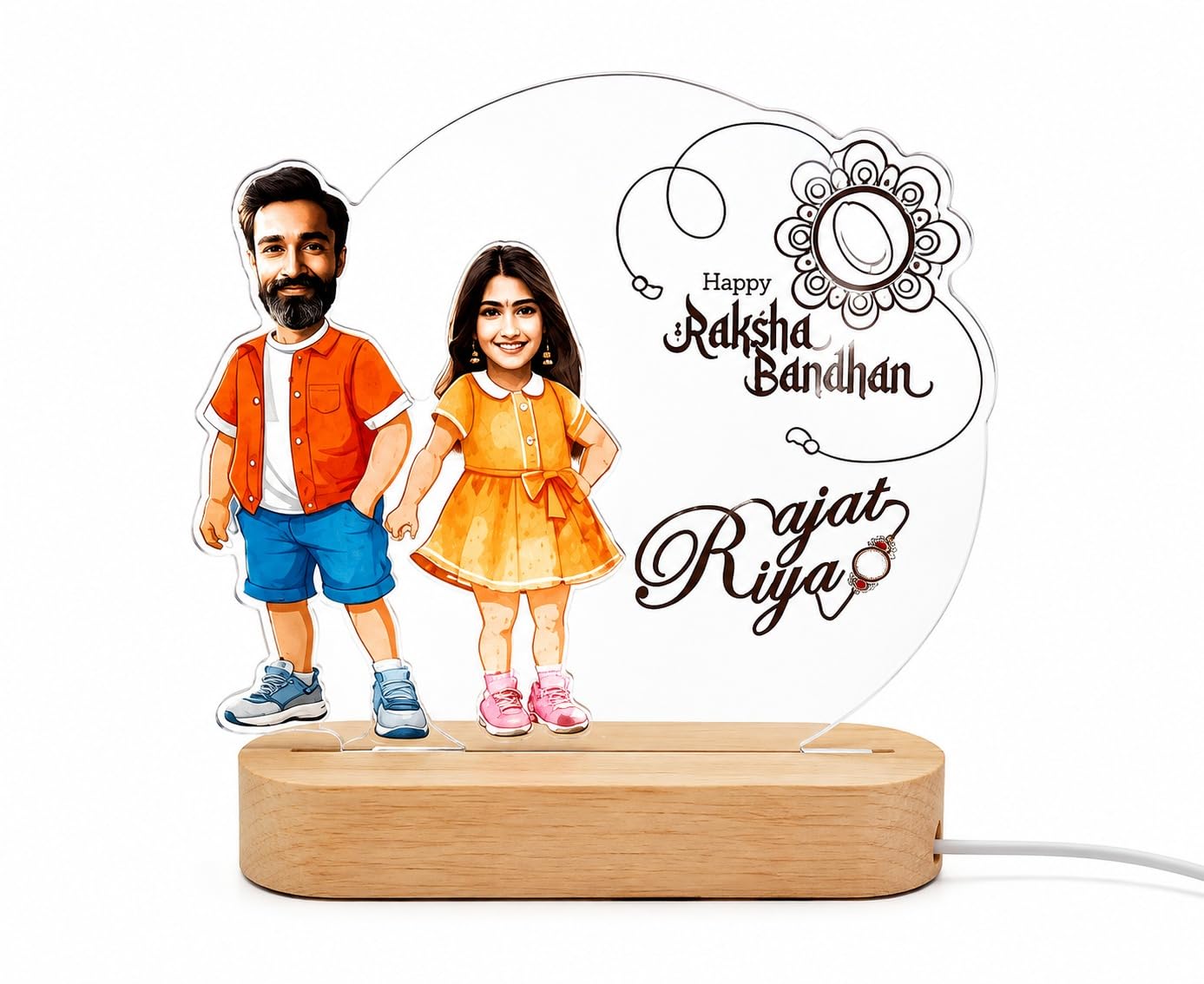 Personalized Raksha Bandhan LED Acrylic Lamp with Custom Photo and Names Wooden Base Night Light Brother Sister Rakhi Gift Home Decor Festive Keepsake-image-30