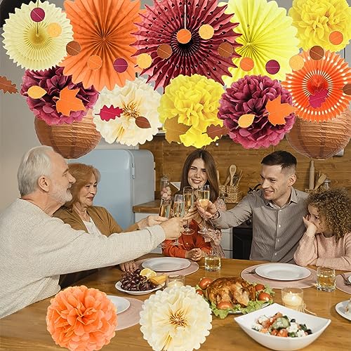 Herbst Party Deko Geburtstag Ahornblätter Girlande Orange Burgund Papierfächer Seidenpapier Pompons Laternen Kreis Punkt Blatt Girlande für Herbst Babyparty Brautdusche Thanksgiving Party Dekorationen