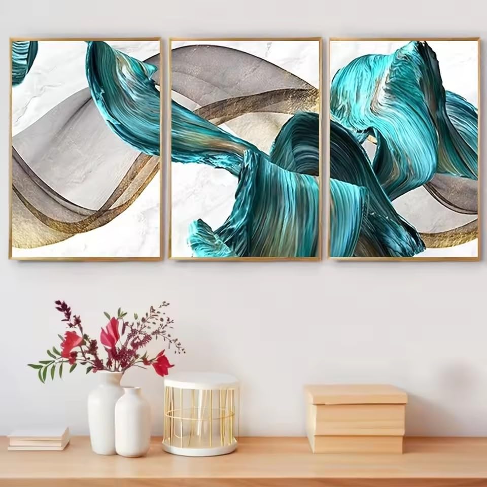 KEMEIQI 2D Flat, 2D Flat 3 pezzi UnRuly Poster ad acquerello di dipinto su tela blu con nastro dorato verde Arte moderna da parete Foto (80x160cmx3/Senza cornice)
