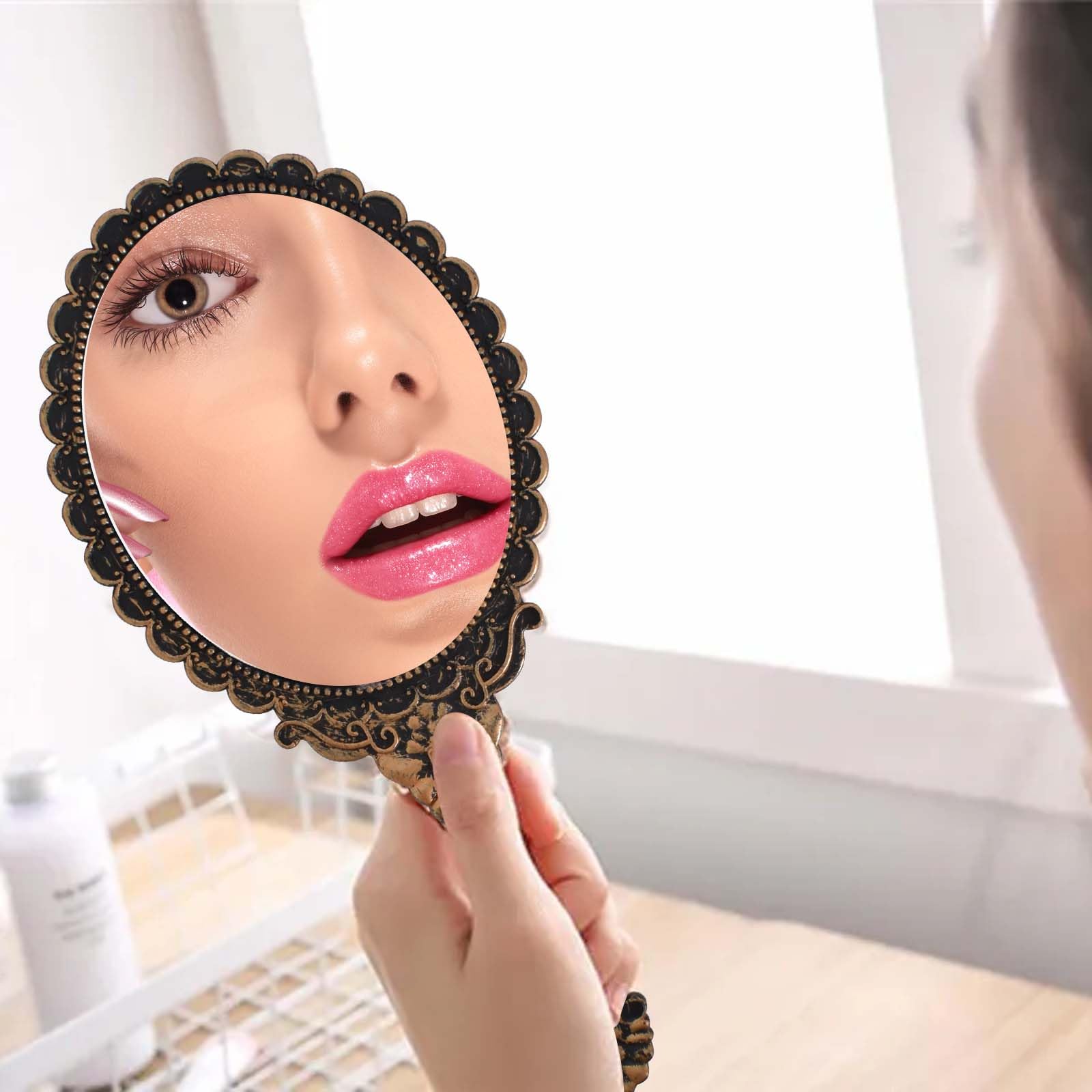 Specchio a Mano Vintage, Specchio Tascabile con Manico, Specchio a Mano Ovale Piccolo in Bronzo, Retrò Motivo Maniglia Specchio per il Trucco per Donne, Ragazze, Viaggi, Casa, Ufficio, Uso