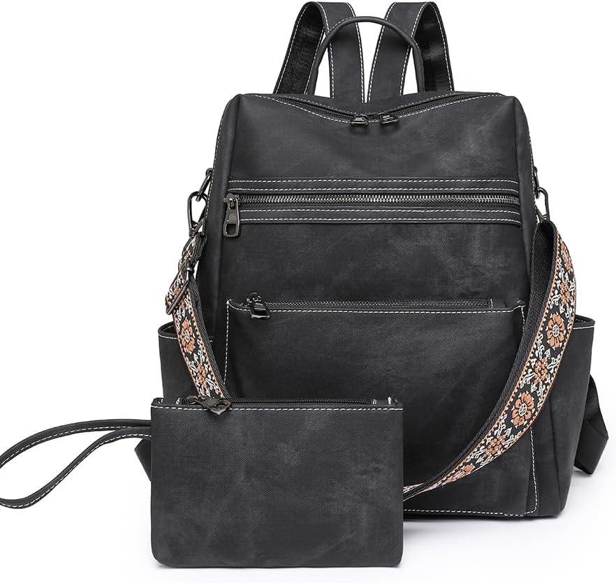 Backpack Purse for Women Large Vegan PU Leather Backpack Ladies Anti-theft Rucksack Fashion Shoulder Bag Waterproof Handbags for Travel Hiking Working, Black