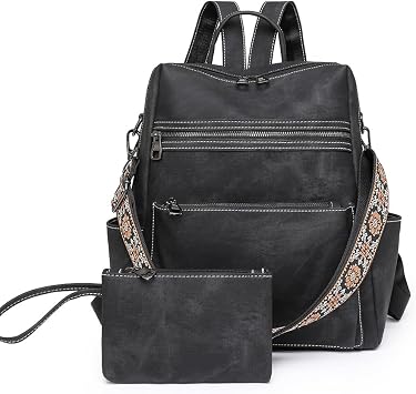 Backpack Purse for Women Large Vegan PU Leather Backpack Ladies Anti-theft Rucksack Fashion Shoulder Bag Waterproof Handbags for Travel Hiking Working, Black