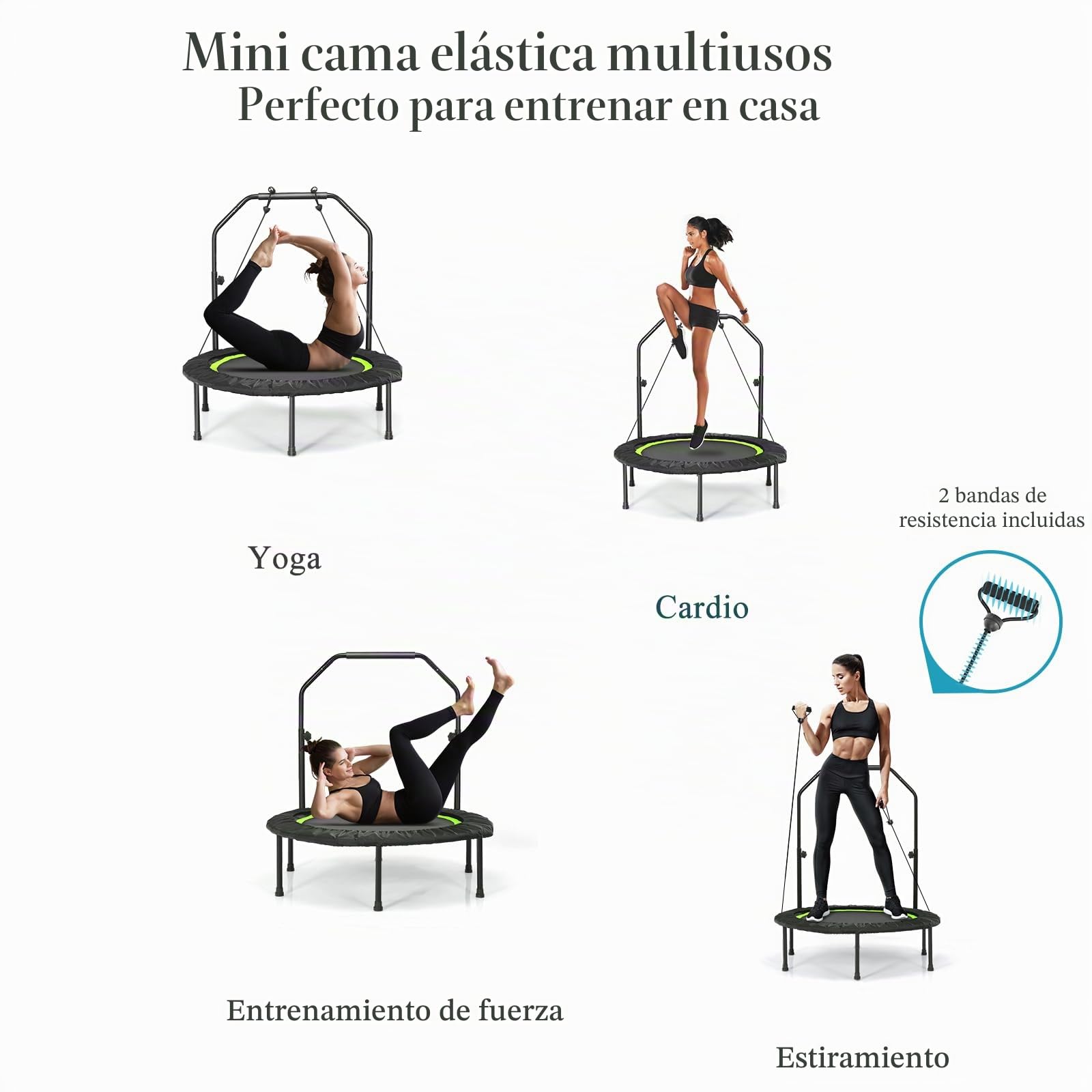 LIFEZEAL Fitness Trampolín Plegable φ101cm, Jumper con Barra de Seguridad, 2 Bandas de Resistencia, Altura Ajustable 107,5-130,5 cm, Estructura de Acero, Capacidad 150 kg, Interior y Exterior