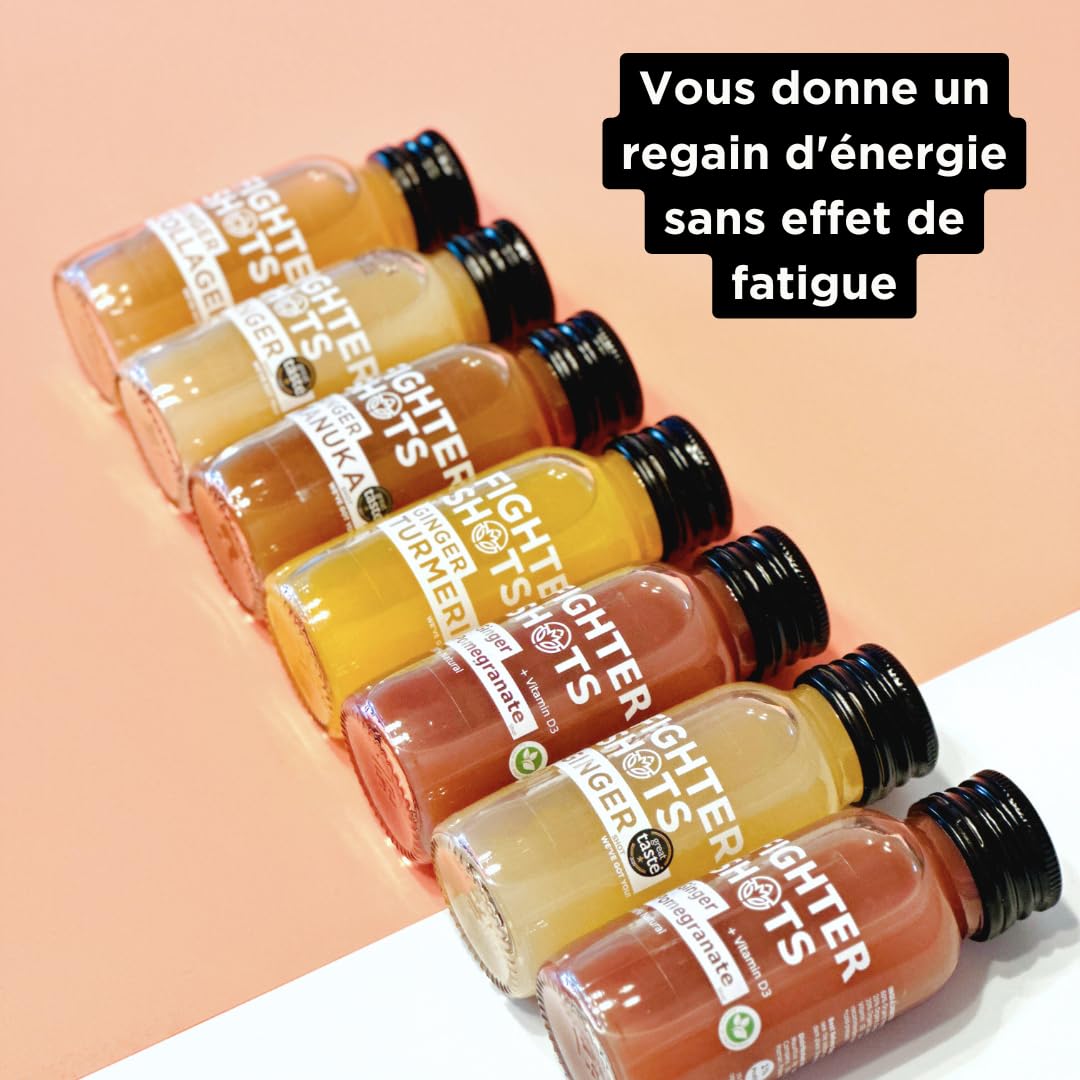 Fighter Shots Pack mixte de 6 saveurs (12x60ml) | 2 Gingembre / 2 Curcuma / 2 Collagène / 2 Betterave / 2 Manuka / 2 Curcuma Végan | 100% Naturel | Sans Conservateurs