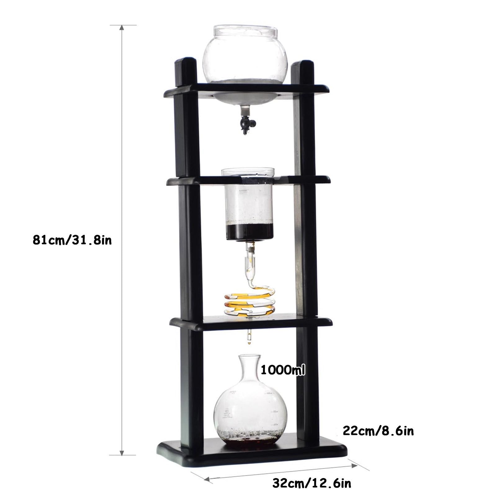 Ekspres do kawy przelewowej Ice Drip, przenośny 5-8 filiżanek, ekspres do kawy przelewowej Cold Brew, domowy, komercyjny, biurowy, ekspres do kawy przelewowej Pine Wood & Glass Tower