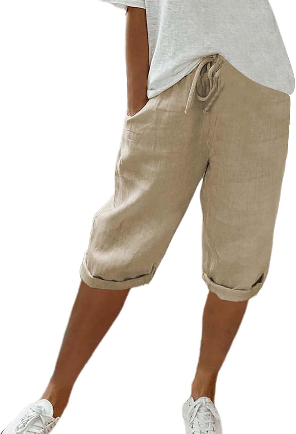 Acquista Pantaloncini Tascabili Da Donna Pantaloni Di Lino In Cotone - Foto 2