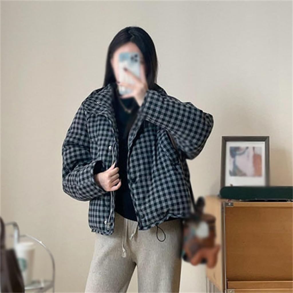 Retro A-line Plaid Short Down Jacket Women Thickened Stand-up Collar Bread Clothing Winter