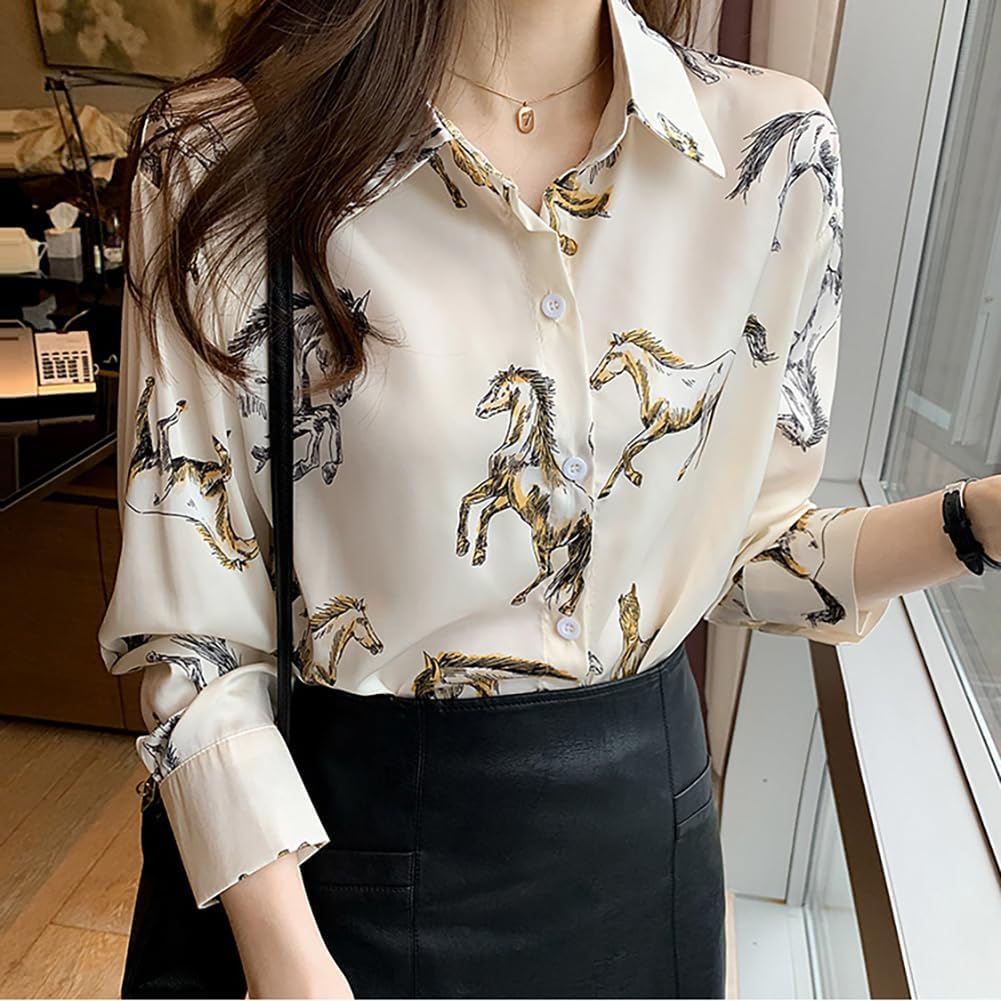 Womens Button Down V Neck Shirts Long Sleeve Casual Dressy Horse Printed Blouses Tops - Image 4