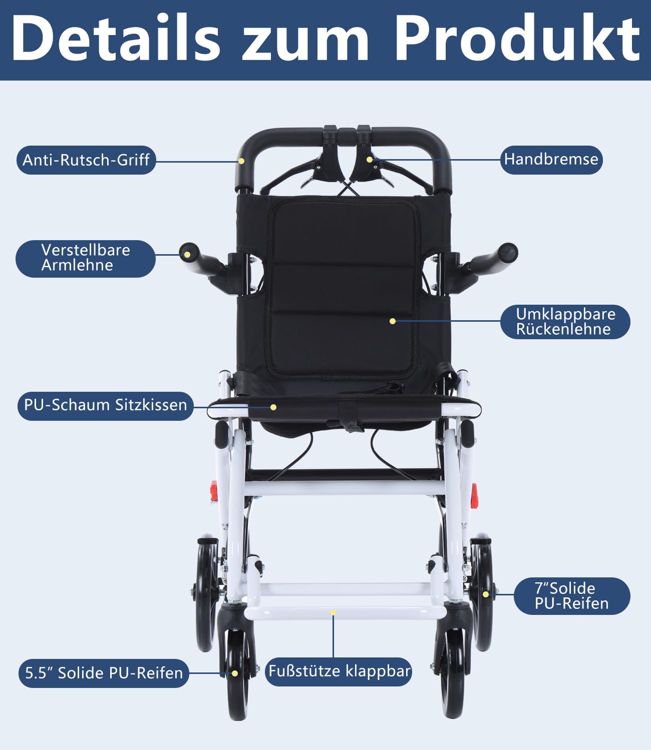 Fauteuil roulant, pliable, pour adultes, 6,8 kg, double freins, léger, pliable, pour personnes âgées, charge maximale : 120 kg