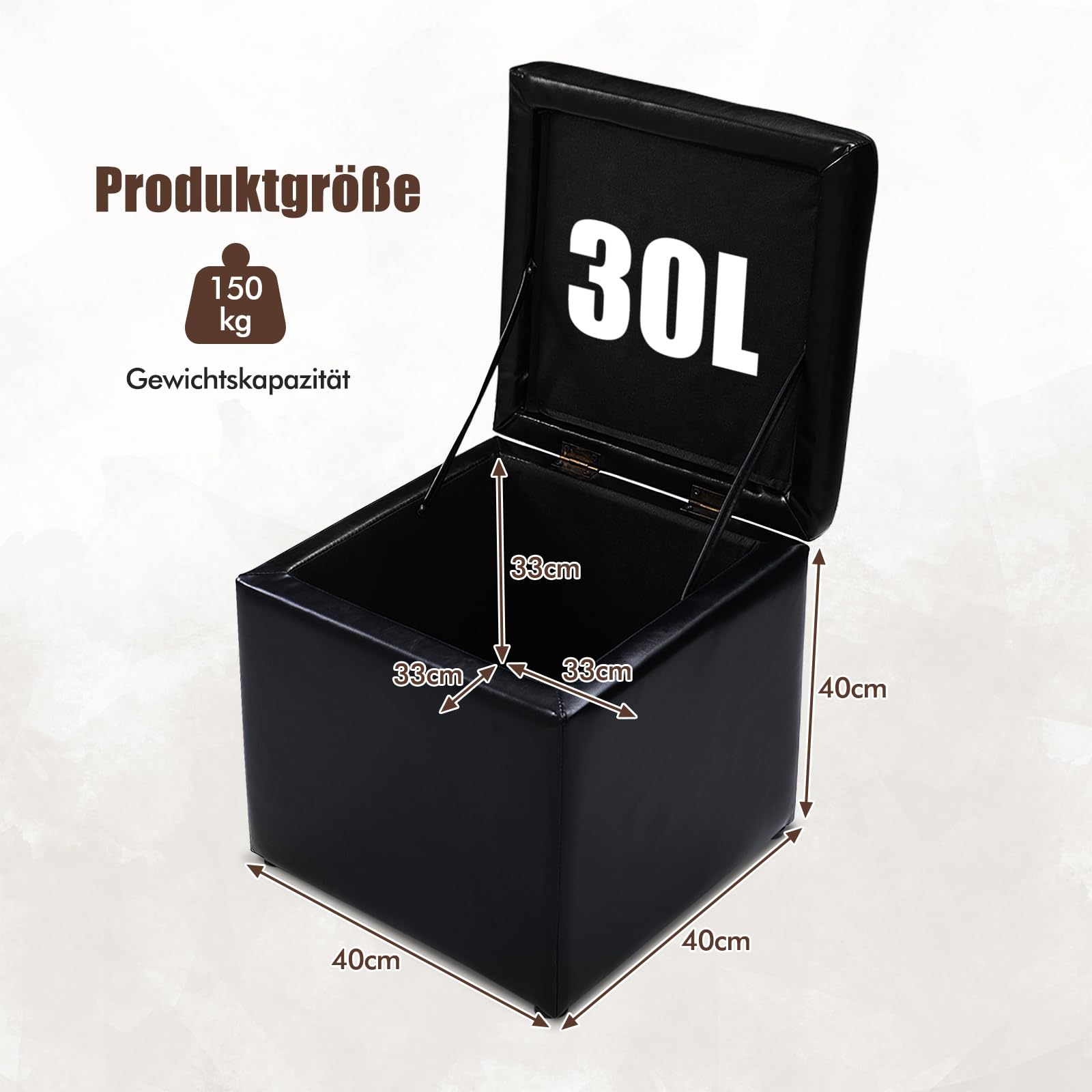 COSTWAY Sitzhocker mit Stauraum, Sitzwürfel aus PU, Sitzbox belastbar bis 300kg, Polsterhocker mit Deckel, gepolsterte Sitztruhe Fußhocker Aufbewahrungsbox, 40 x 40 x 40 cm (Schwarz)