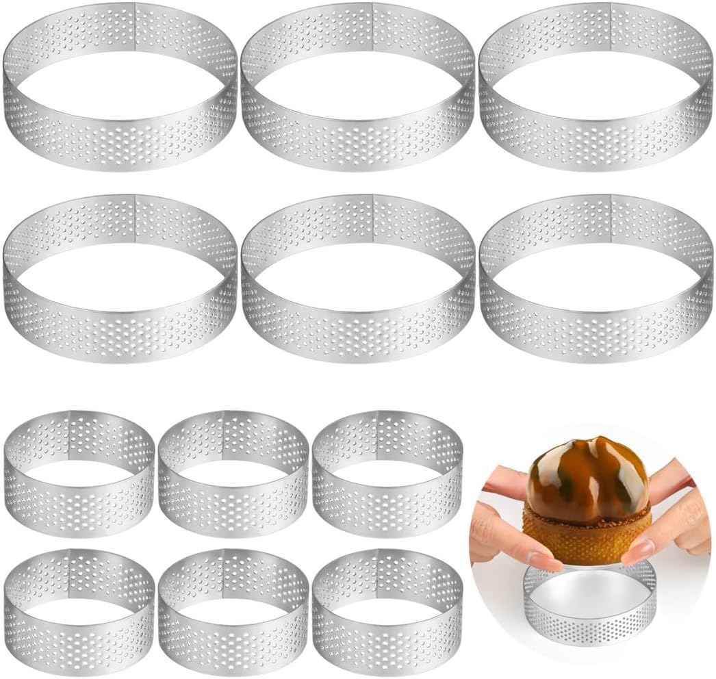 12 Pcs Round Perforated Tart Rings Set, 1.97 & 3.15 Stainless Steel Molds for Desserts, Cakes, and Mousses