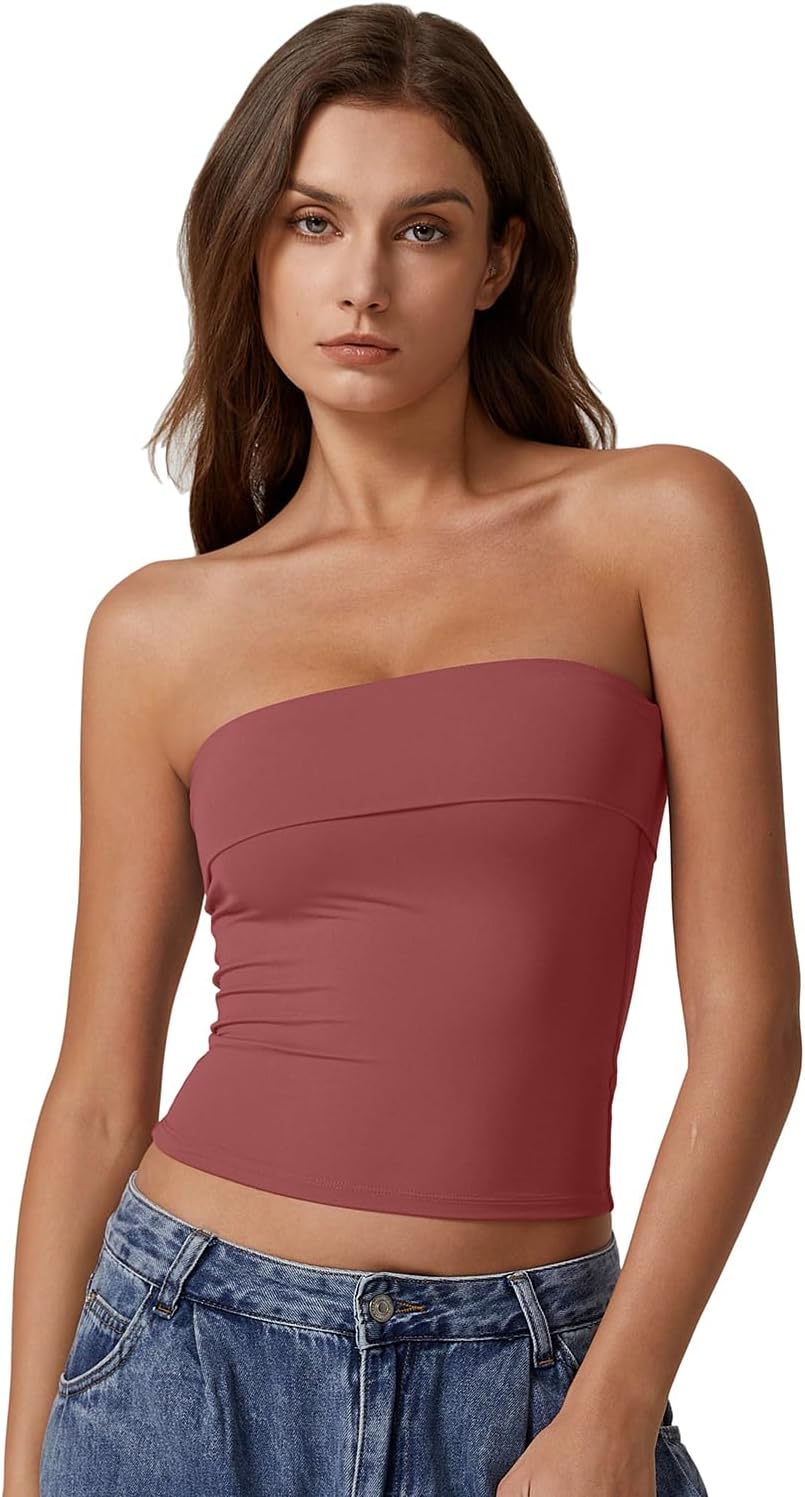 QINSEN Women's Tube Tops Strapless Bandeau Tops Double Lined Slim Fit Summer Going Out Tank Tops - Image 4
