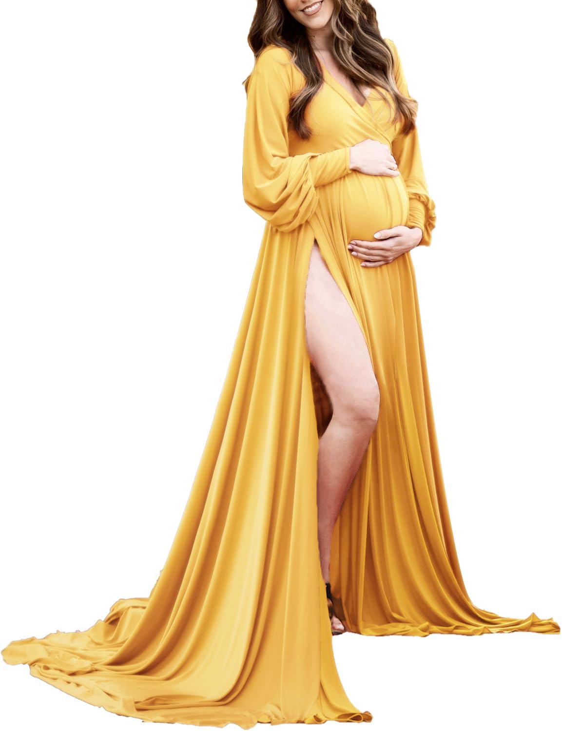 Zwangerschapsjurk Bisschop Mouwen Baby Douche Jurk Wrap Side Slit Sweetheart Maxi Fotoshoot voor Fotografie, 71 Geel, L