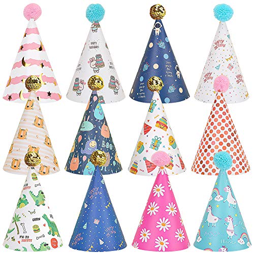 BESTZY 12PCS Partyhüte Geburtstag Dekoration Set Happy Birthday Partyhüte Party Kegel Hüte mit Pom Poms Cover