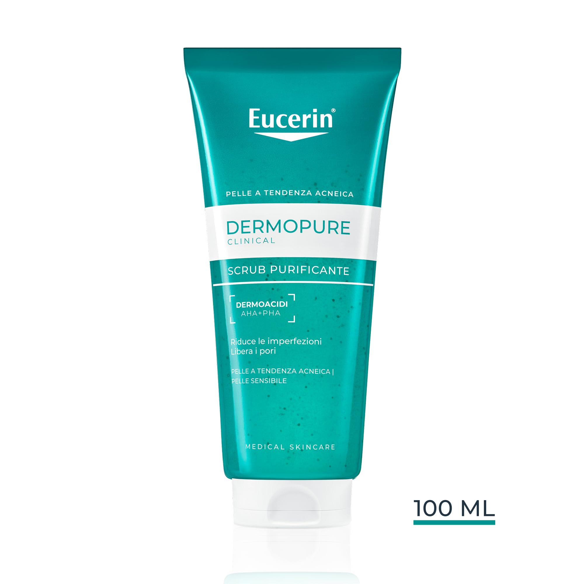 Eucerin DermoPure Clinical Scrub Purificante 100 ml, Scrub viso e corpo anti-imperfezioni e punti neri con Acido Salicilico e Dermoacidi AHA + PHA, Esfoliante pelle grassa e a tendenza acneica