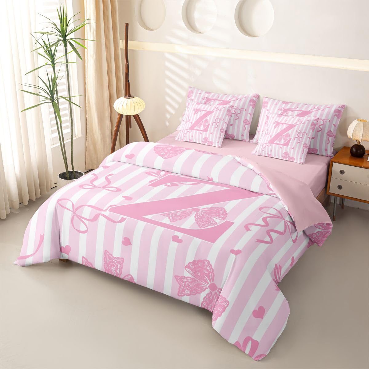 Loussiesd Juego de ropa de cama de 7 piezas con diseño de lazo rosa y blanco, para niños y niñas, con funda de edredón, sábanas, fundas de almohada, fundas de cojín, tamaño Super King