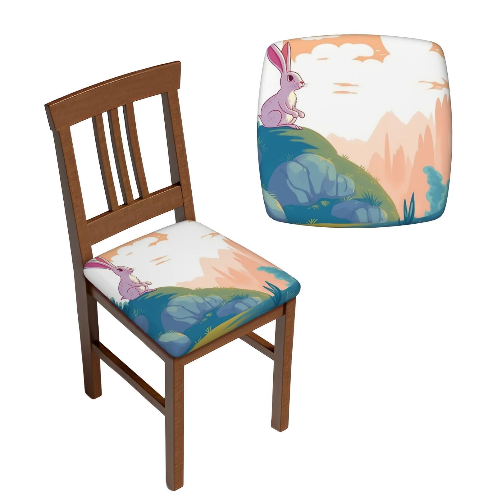 NONHAI 6PCS Dining Chair Seat Covers Set Rabbit and Landscape Stretch Removable Chairs Covers Washable Seat Cushion Slipcovers Protector for Dining Room Kitchen Chairs