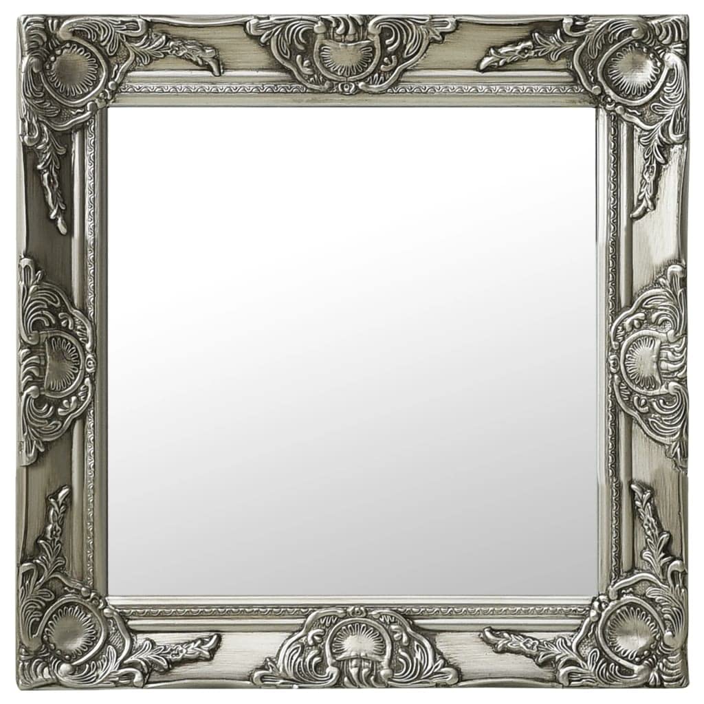 Miroir mural baroque carré 50x50 bois argenté pour salon et salle de bain