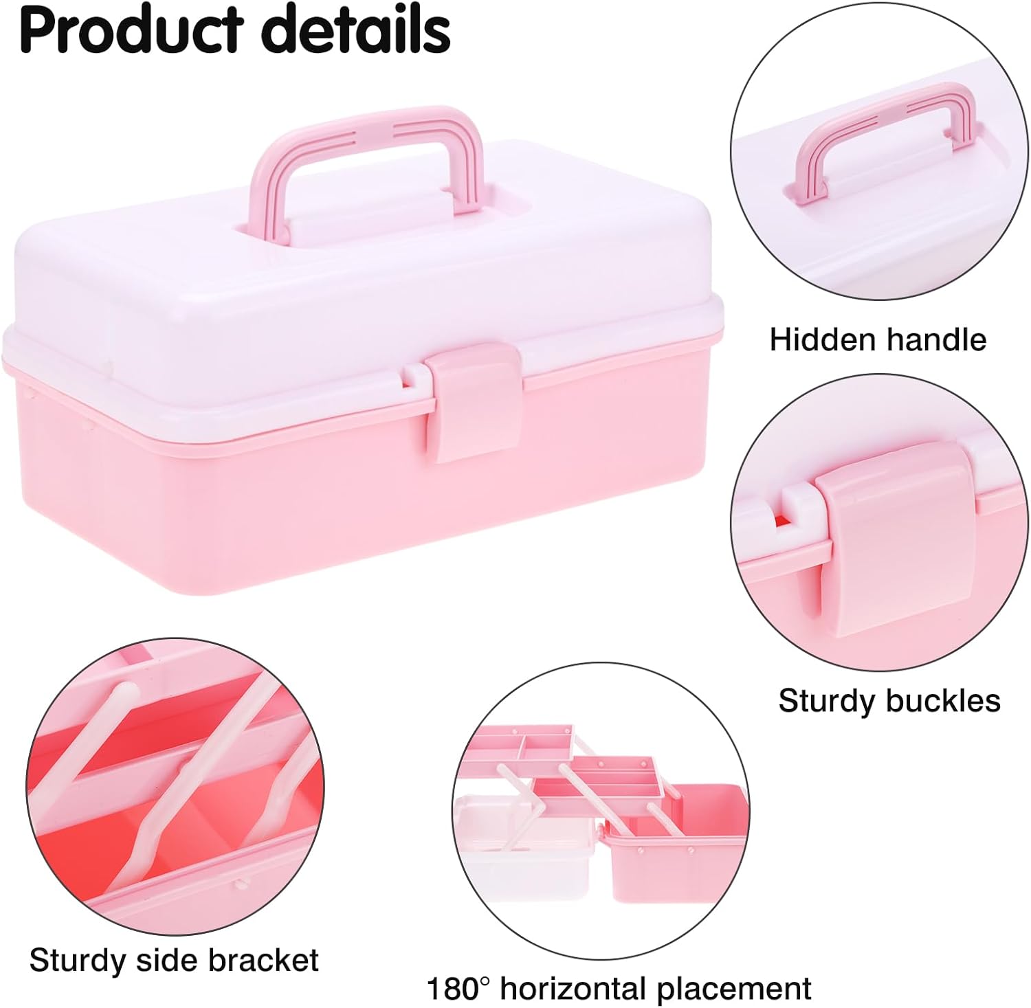 OUTUXED 12.5inch 3-Layer Multipurpose Craft Organizers, Portable Folding Toolbox, Plastic Tool Box with Handle for Sewing Supplies, Medicine, Art Supplies, Nails and Hair Accessories(Dusty Pink) - Image 3