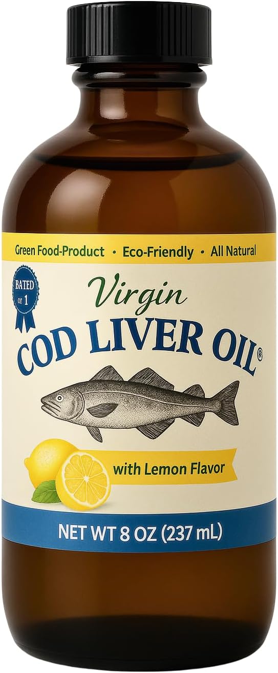 - Virgin Cod Liver Oil - 8 Fl oz Natural, Wild Caught & Fresh Tasting,.High in Vitamin D, Omega 3 DHA/EPA (Lemon Flavored)