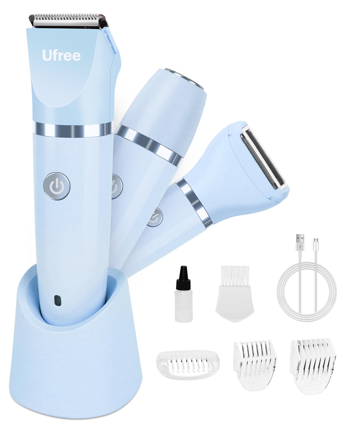 Ufree 3-in-1 Bikini Trimmer Electric Razors for Women, Gifts for Women | Ceramic Blade, IPX7 Waterproof, Lady Shaver, Travel Lock, for Face, Legs, Pubic Hair, Underarms, Body Hair Trimmer, Blue