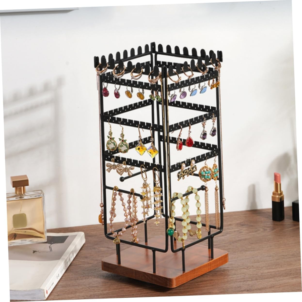 VICASKY Solid Wood Jewelry Organizer Stand Rotatable Four Sided Necklace Display Rack for Earrings Rings and Necklaces Compact Vanity Jewelry Holder for Home Store and Countertop Use and