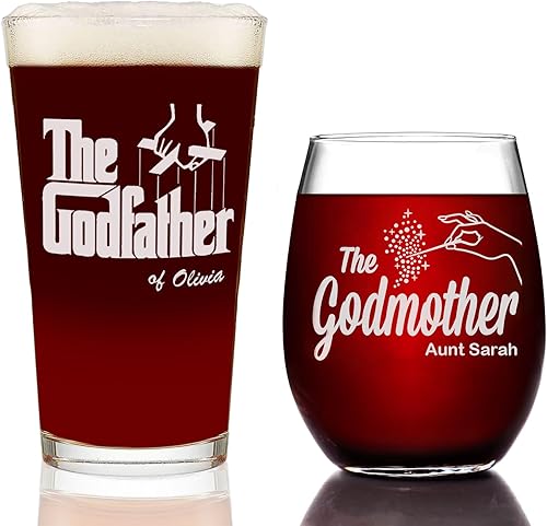 The Godfather Pint & Godmother - Juego de copas grabadas para vino sin tallo con tu texto personalizado, cristalería hecha a mano, regalo