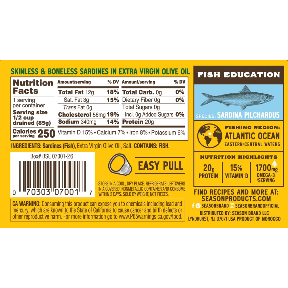 Season Sardines in Extra Virgin Olive Oil - Skinless & Boneless, Wild Caught, 22g of Protein, Keto Snacks, More Omega 3's Than Tuna, Kosher, High in Calcium, Canned Sardines - 4.37 Oz Tins, 12-Pack