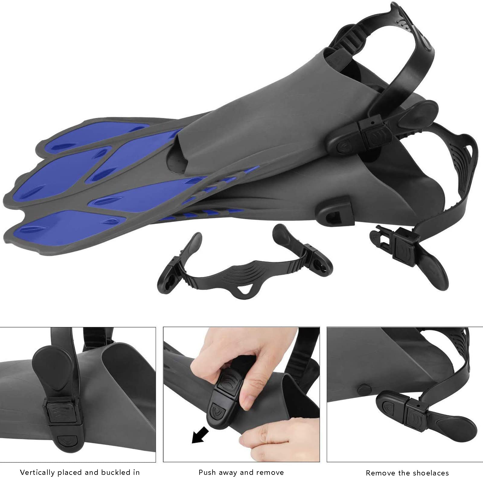 Aletas de buceo ajustables cortas para natación y piscina Snorkeling con bolsa para adultos para hombre y mujer, tacón abierto (azul, S)