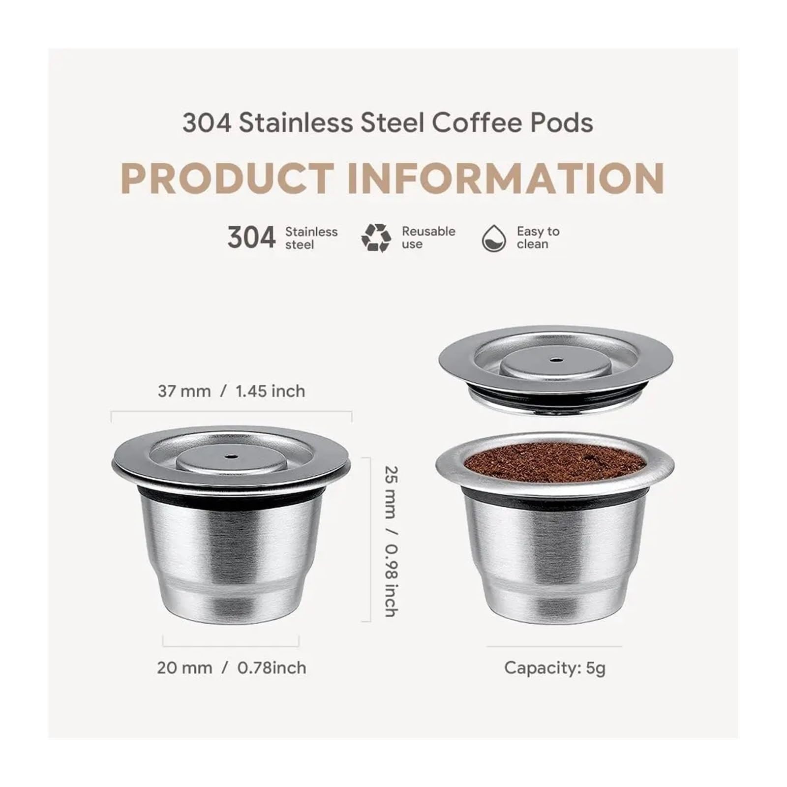 Cápsulas De Café Reutilizables Compatibles Con Nespresso, Tazas De Café Espresso Crema, Cápsulas De Café Rellenables De Acero Inoxidable, Filtros Con Anillo Dosificador Y Prensador.(2 pod t ds)