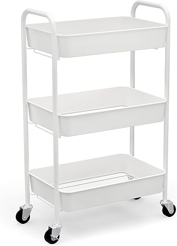 CAXXA 3-Tier Rolling Metal Storage Organizer - Mobile Utility Cart Kitchen Cart with Caster Wheels, White Blanco,Verde