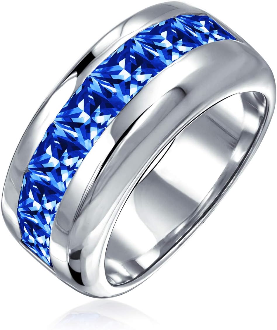 Bling Jewelry Personalize Unisex Clear Simulated Blue Sapphire Channel Set Cubic Zirconia AAA CZ Princess Invisible Cut Wedding Band For Men Women .925 Sterling Silver 9MM Band Ring