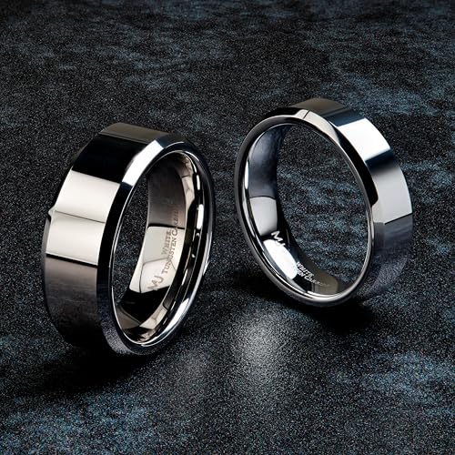 Custom Engraved White Tungsten Carbide Mirror Polished Finish Center Beveled Edge 6mm or 8mm Wedding Ring3