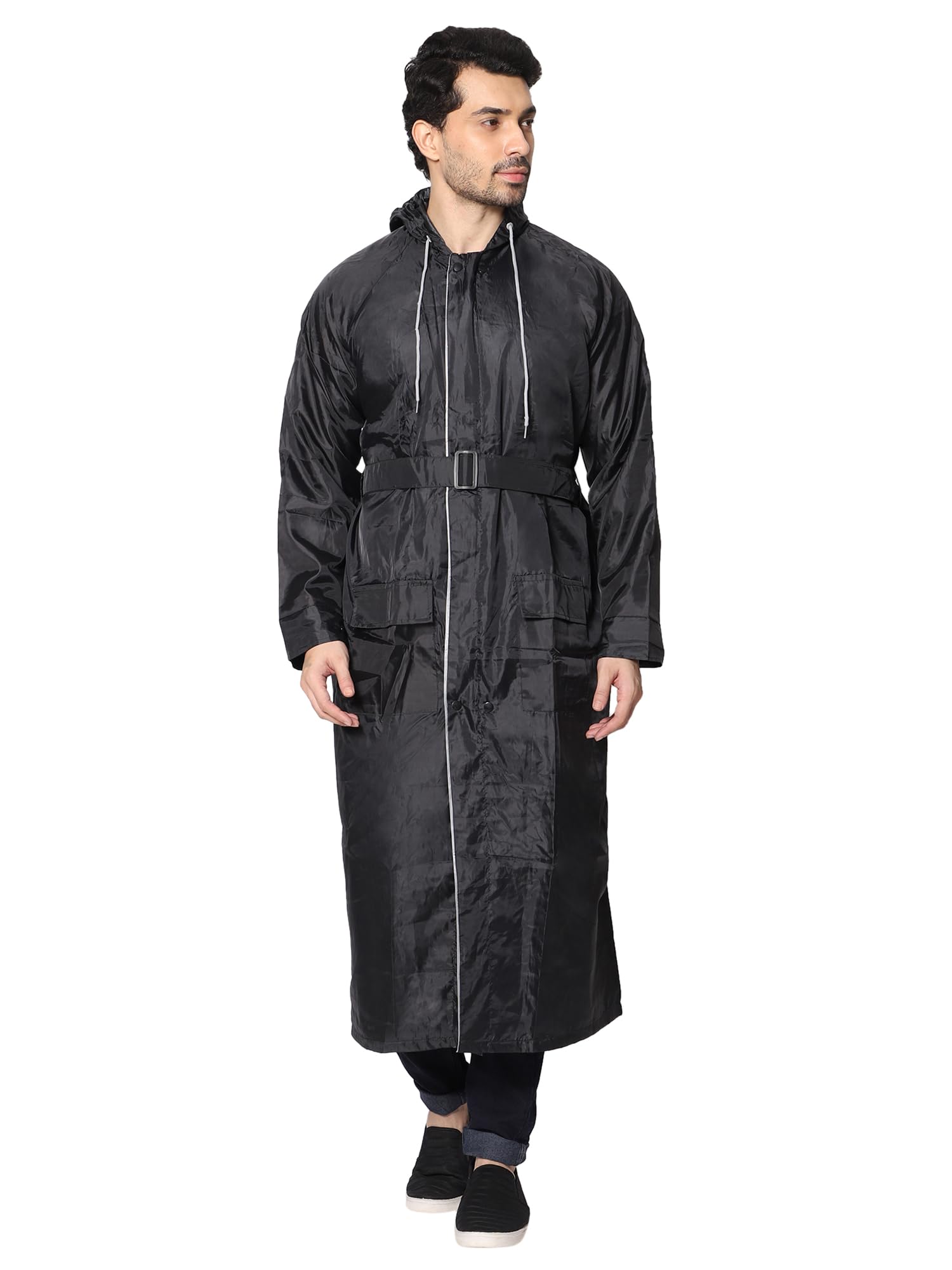 Polyester Hooded Long Rain Coat for Men and Women | Waterproof High Neck Rainwear with Adjustable Drawstring and Pocket | Rain Coat with Belt-image-38