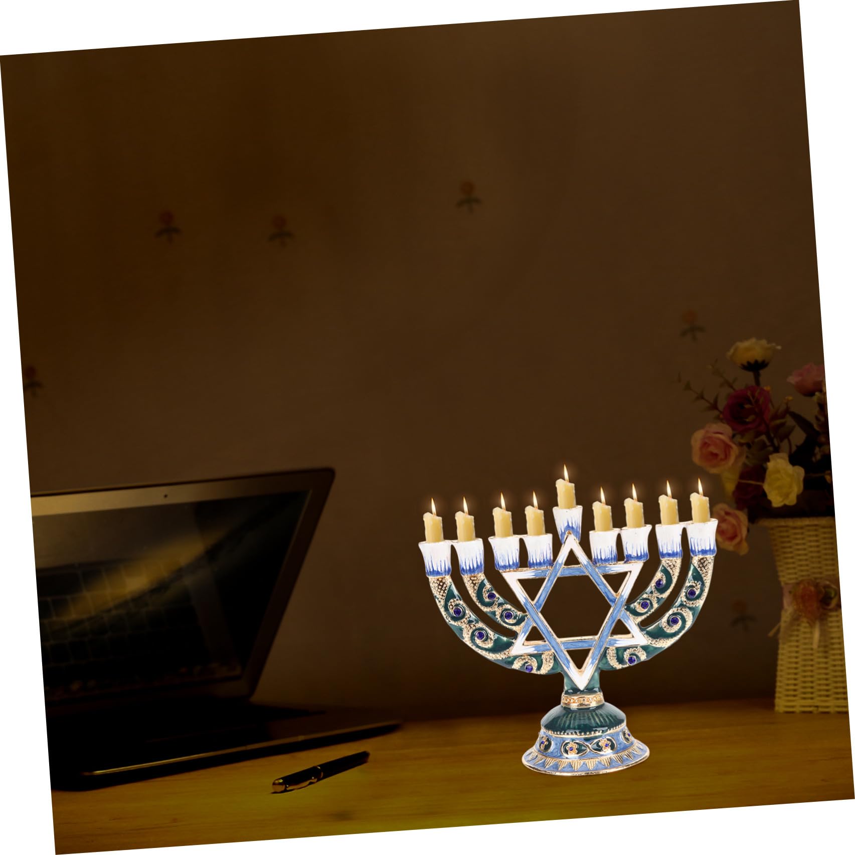 Luxshiny Candelabro Ebraico a 9 Bracci in Lega Retro Decorativo per Festa di Hanukkah Ornamento Stabile per Tavolo in Hotel e Casa