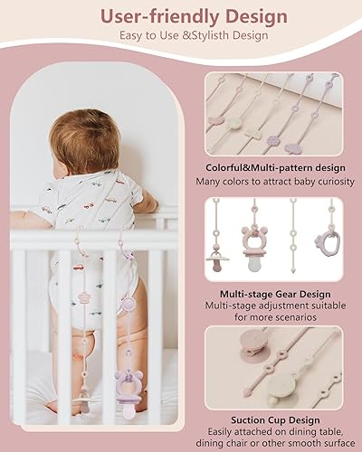 Miniatura 3 de Paquete de 6 correas de silicona para juguetes para bebé con 2 bases de ventosa, soporte de silicona para chupete, correa de juguete, soporte