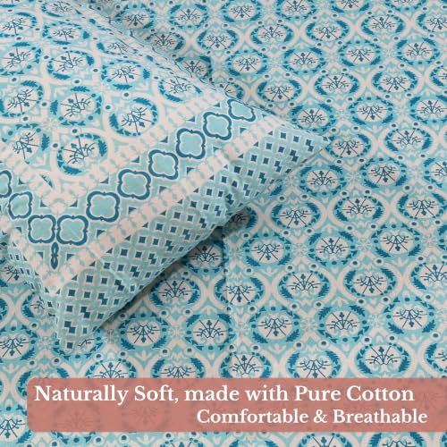 Image of Jaipur Weaves Jaipuri Double Bed Cotton Bedsheet Queen Size 90x85, 120 TC 100% Pure Cotton Bed Sheet with 2 Pillow Covers, Floral Traditional Print (Blue Floral, Double)