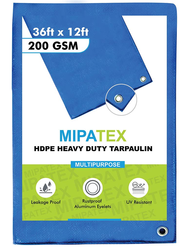 Mipatex Tarpaulin Sheet Waterproof Tirpal Heavy Duty 36ft x 12ft, Poly Tadpatri with Aluminium Eyelets Every 3 feet - Multipurpose 200 GSM Plastic Cover Tharpai for Truck, Home Roof, Rain (Blue) (B084111KF1) Amazon Price History, Amazon Price Tracker