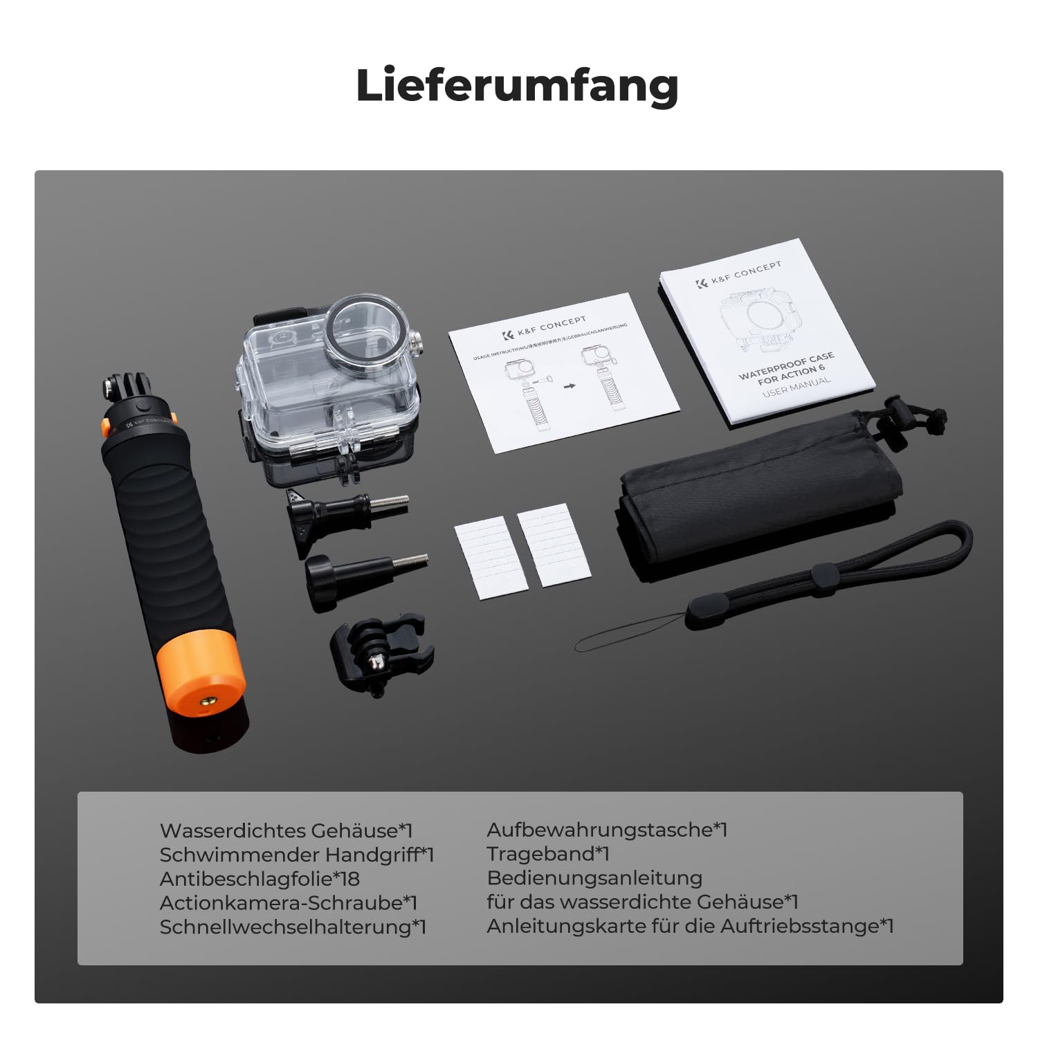 K&F CONCEPT 60 M/196 FT Wasserdichtes Gehäuse mit Schwimmendem Griff für DJI Osmo Action 6, Unterwassergehäuse mit Blitzschuhhalterung, Antibeschlagfolie Wasserresistente Tauchen Schutzhülle