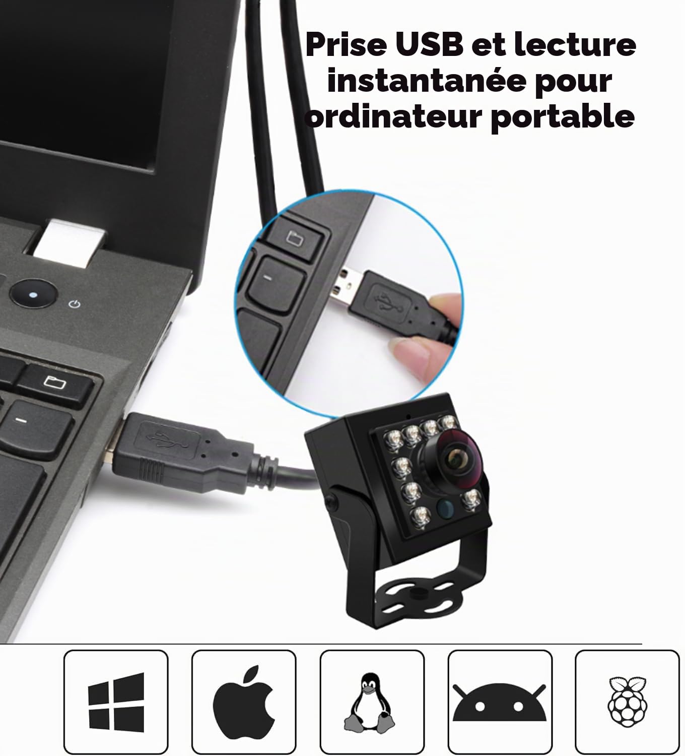 Svpro Caméra USB 1080p avec vision de jour et de nuit pour ordinateur, commutation automatique IR-Cut, enregistrement d'image toute la journée, USB2.0, carte webcam OV2710 avec LED IR pour Windows