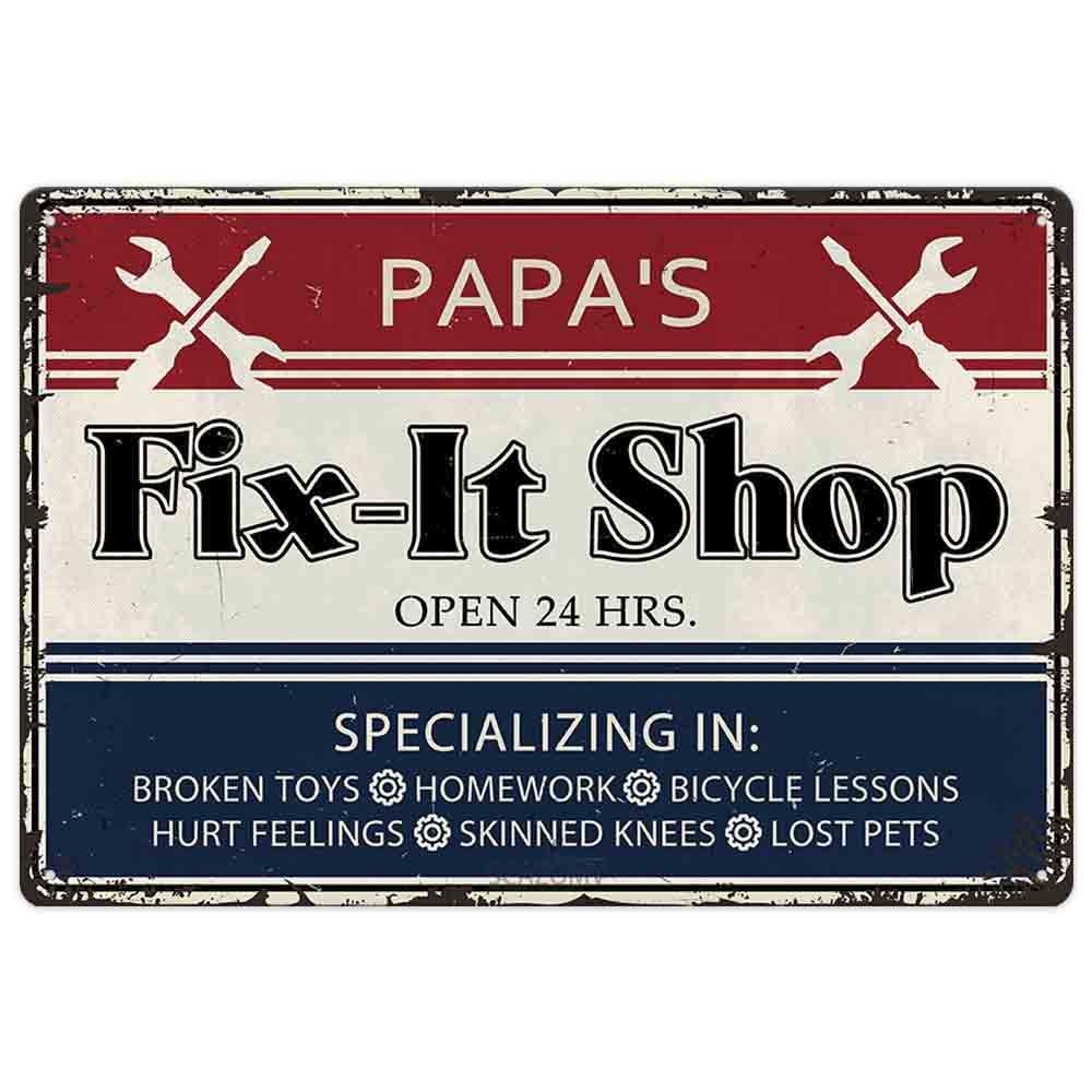 peiyeety Papa's Fix-It Shop Tin Sign Wall Decor Vintage Art Decoration Home Man Cave Metal Hanging Plaque 8"x12"
