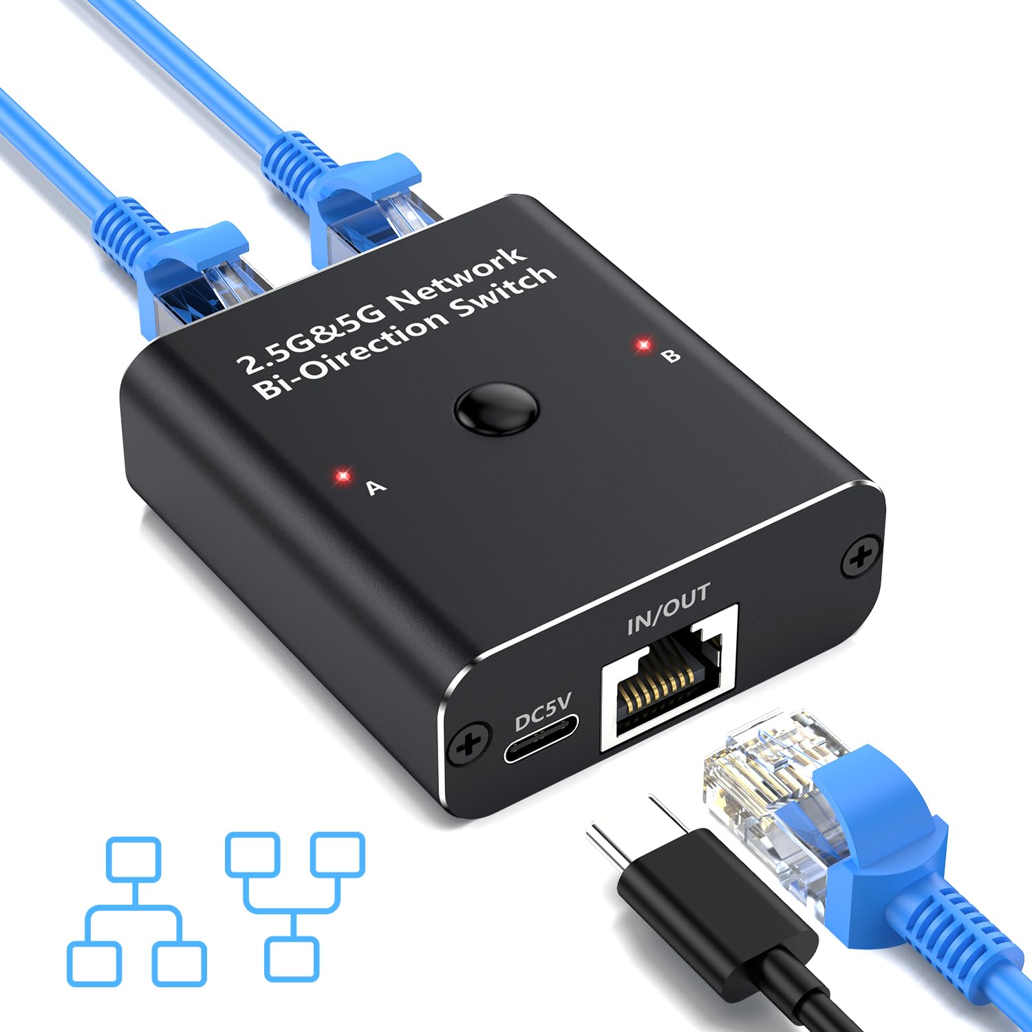 2 Port Gigabit Network Switch, 10/100/1000 Mbps Gigabit Poe -schakelaar, 2 in 1 uit 1 op 2 Out Poe Extender Switch RJ45 Netwerk Splitter Adapter