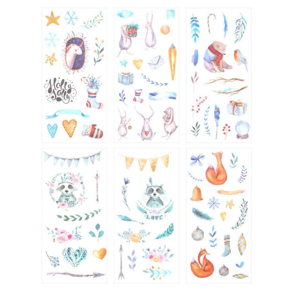 3 Set(18 Sheet) Kawaii Fairy Tale World Scrapbooking Sticker Snowflake Gift Fox Bear Bird Rabbit Cute Animal Stationery Scrapbook Art Jopurnaling Diary Book Decorative Label Collage DIY Craft Stickers