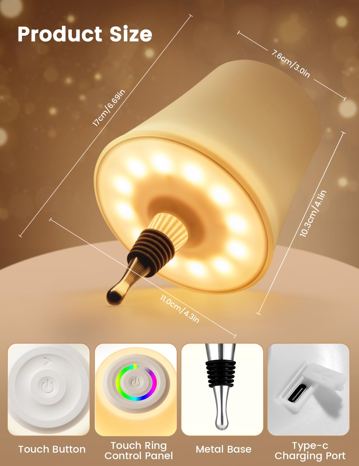 Lampada Bottiglia LED da Tavolo Senza Fili, Tappo Lampada per Bottiglia Ricaricabile USB-C, Touch Dimmerabile a 3 Colori e 9 RGB, Abat Jour da Comodino, IP54, per Ristorante, Terrazza,Salotti