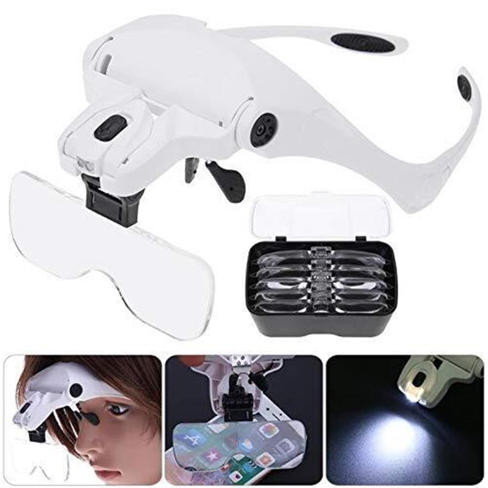 Am Kopf montierte Reparaturlupe 1,0-Fach, 1,5-Fach, 2,0-Fach, 2,5-Fach, 3,5-Fach, verstellbare Lupe, 5-Linsen-Lupe, LED-Licht, Kopfbandlupe, LED-Lupenbrille mit Lampe zum Lesen/Beobachten