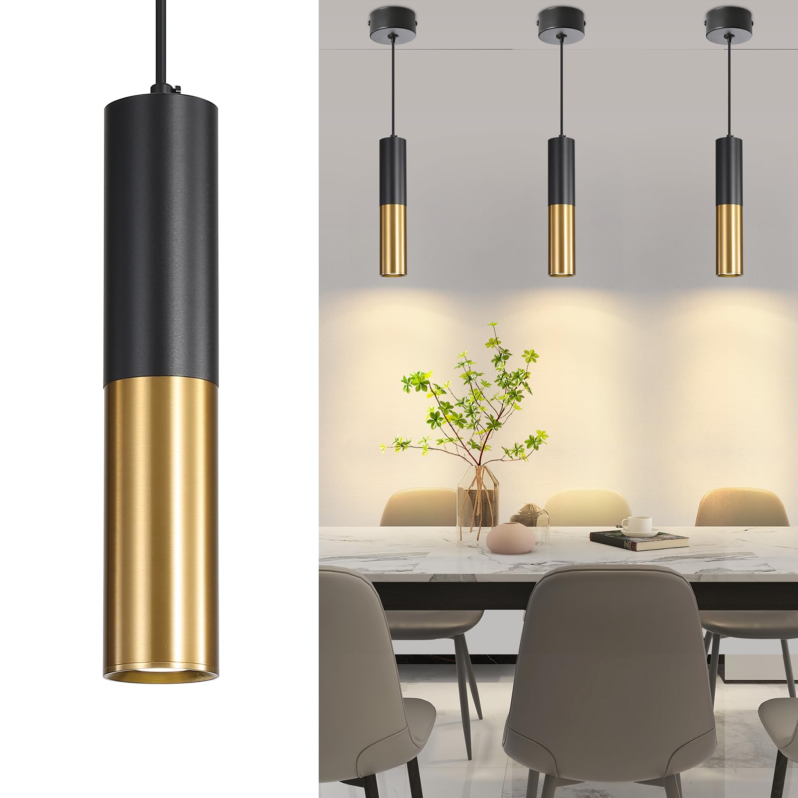 Mikeru Nowoczesna lampa wisząca LED, 3000 K/4500 k/6500 K, trójkolorowa lampa wisząca do sypialni, 30 cm, czarny + złoty żyrandol do lampy wiszącej, wyspy kuchennej, jadalni, biura i baru (3 sztuki)