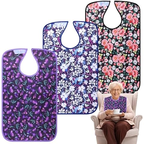 Pedobi Adult Bibs - 3 Pcs Washable Clothing Protector with Crumb Catcher, Adult Bibs for Elderly Women Eating Washable Flower Cover