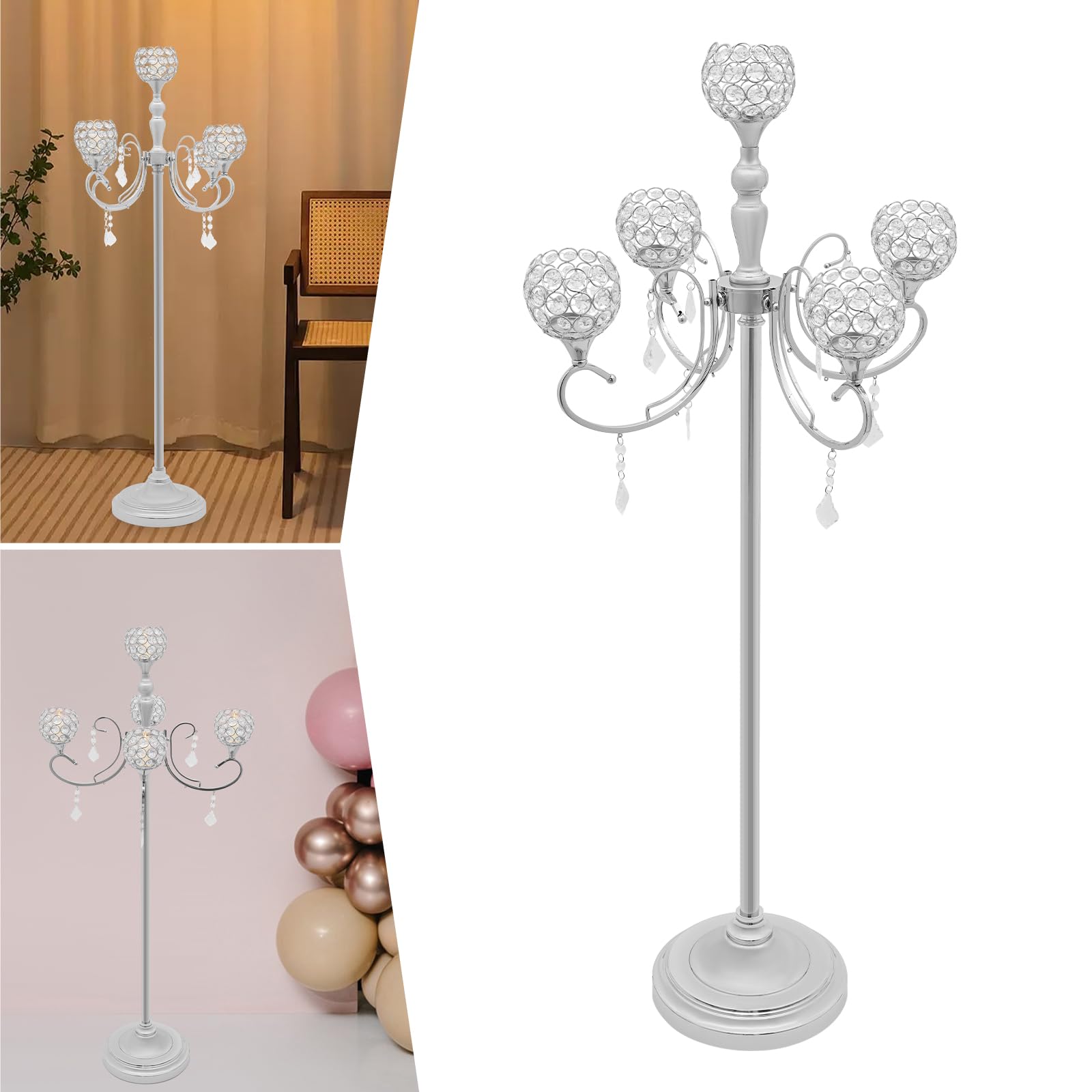 DYNAMI 5 Arm Crystal Candelabra Centerpiece,49.2in Tall Floor Candelabra with Crystal Candle Holder Bowl,Silver Centerpiece Table Decorations,for Home Wedding Anniversary Dinner Party