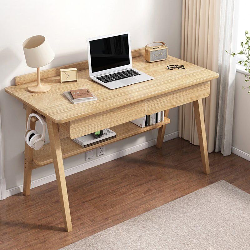KWOKING Natural Wood Writing Desk with Trestle Base+2 Drawers Modern Without Chairs Simple Desk Student Desk Study Table Computer Table Bedroom